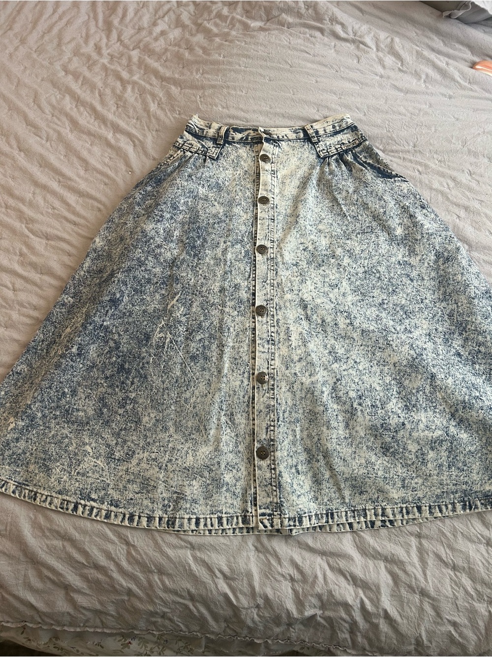 Cherokee Acid Wash Denim A-Line Button-Front Skirt - made in USA 100% Cotton